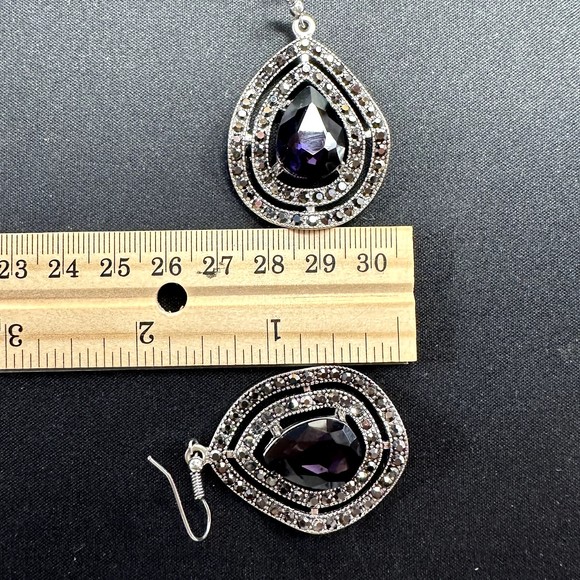 Teardrop Silver Tone Wavy Dangle Earrings Large Purple Rhinestone Small Black 2" - Picture 4 of 13